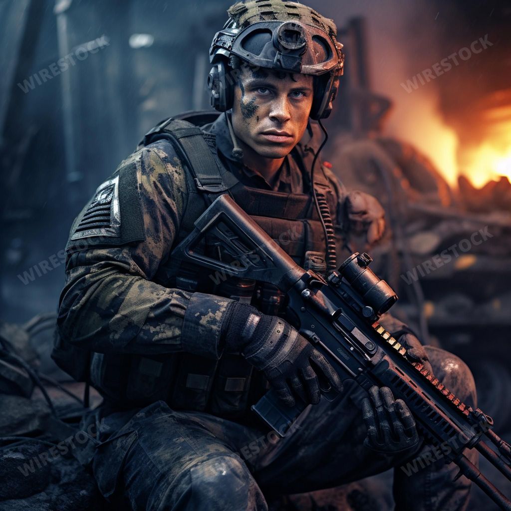 An AI generated illustration of a uniformed soldier kneeling on the ground with an assault rifle in his arms