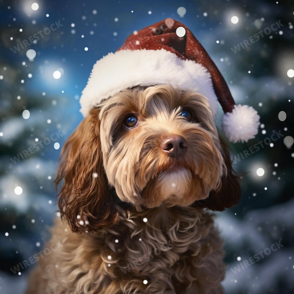 An AI generated illustration of a cockapoo in a Santa hat