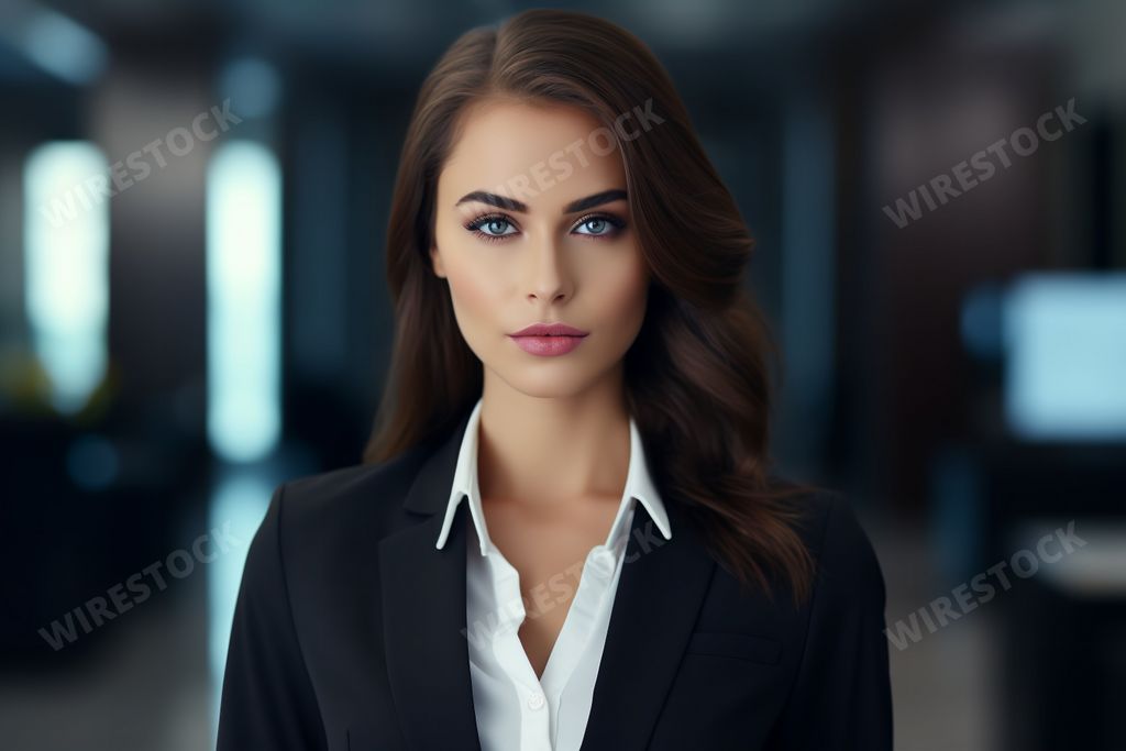 A young female professional in a black suit and crisp white shirt. AI-generated.