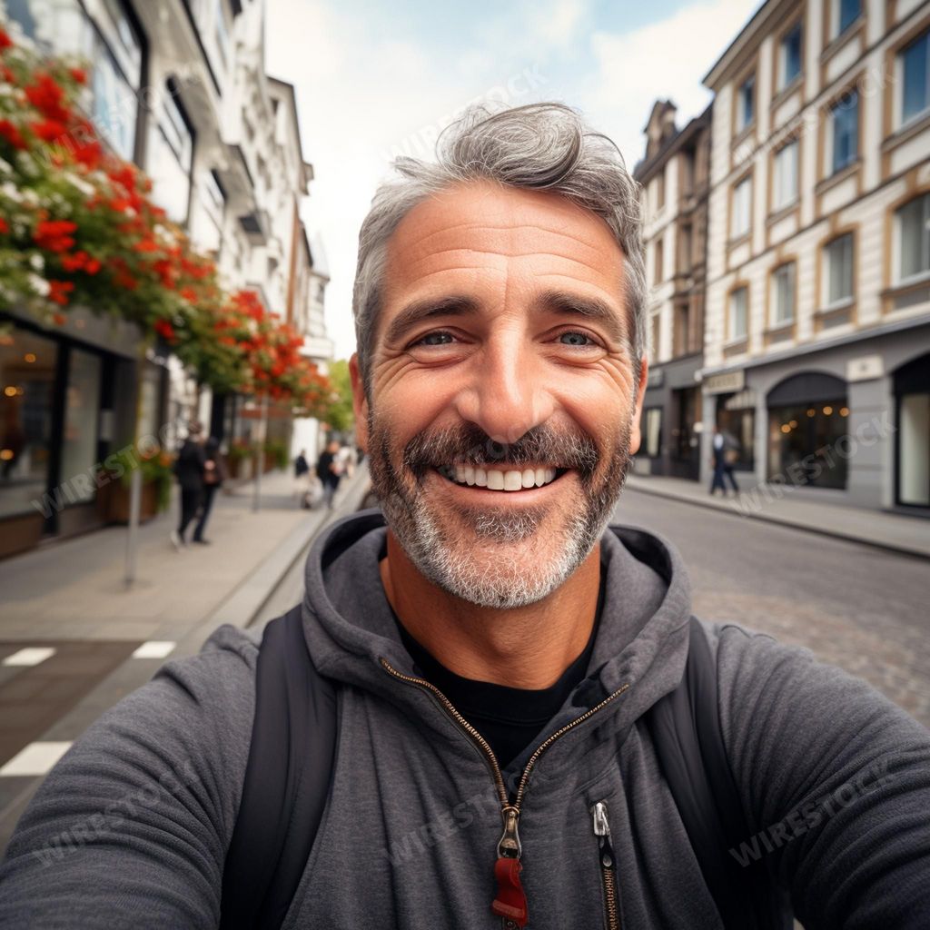 An AI generated illustration of a bearded man taking a selfie on the street