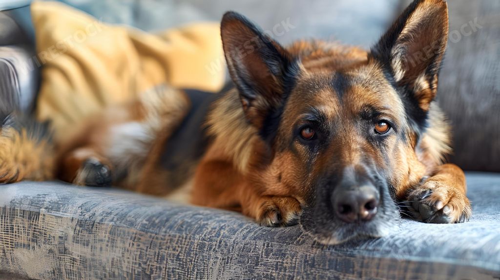 An AI generated illustration of a German Shepherd resting on a couch
