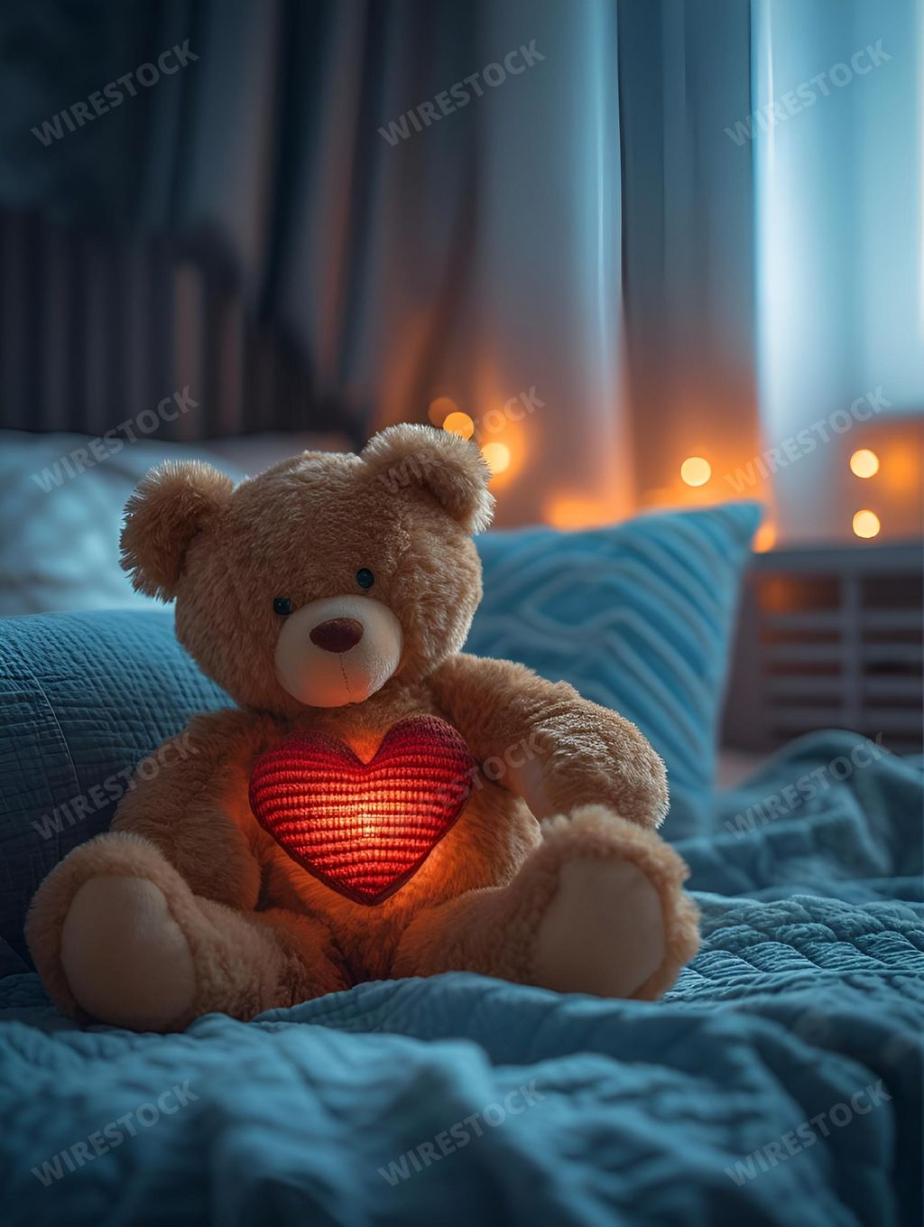 An AI-generated illustration of a teddy bear sitting on a bed with a heart-shaped light