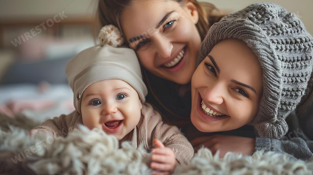 An AI-generated illustration of two women and a child lying together on bed