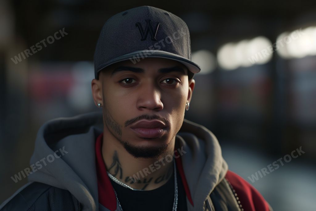 A portrait of a young Afro-American man with tattoos looking at the camera. AI-generated.