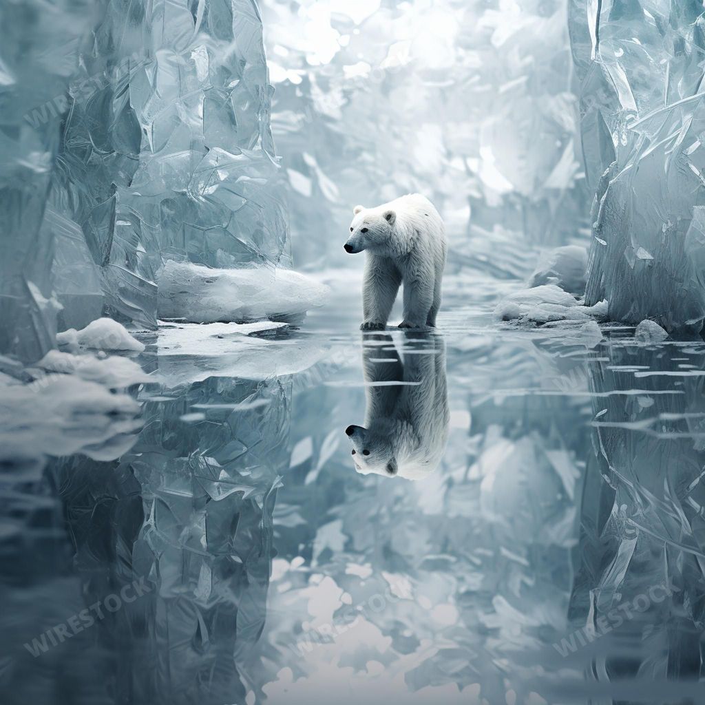 A majestic polar bear standing in front of a picturesque backdrop of icy mountains, AI-generated.