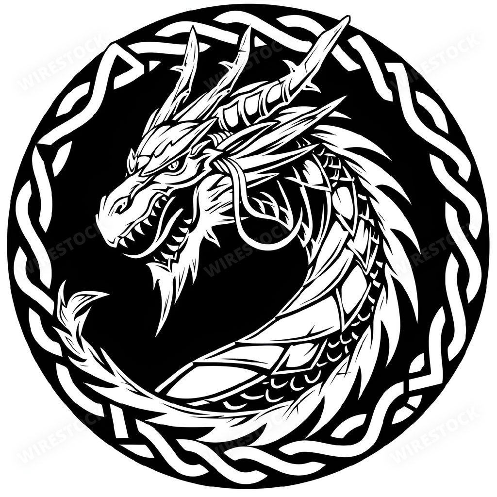 An AI generated illustration of Black and white Celtic dragon head with intricate decorative pattern