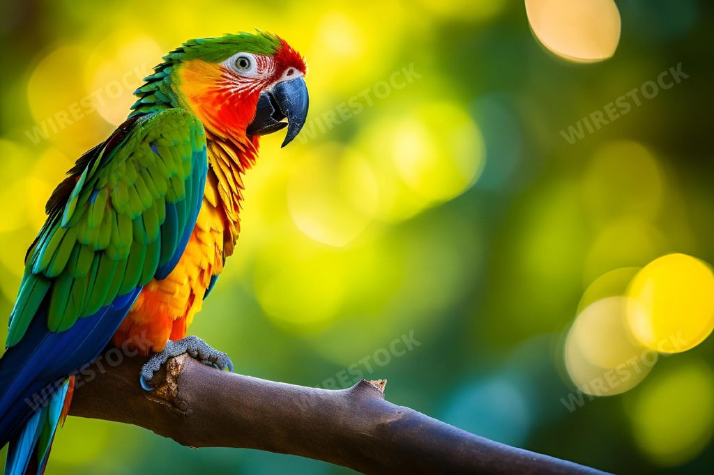An AI generated illustration of a vibrant green parrot atop a sun-drenched tree branch