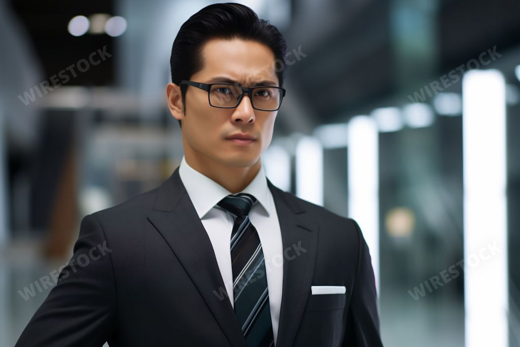 A portrait of a young Asian man wearing a black business suit and glasses. AI-generated.