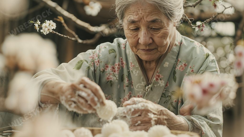 An AI generated illustration of a portrait of an old Asian woman making mochi