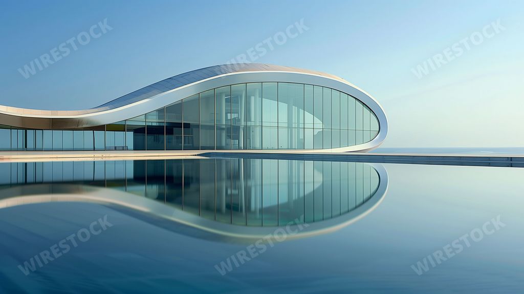 An AI generated illustration of a modern architectural building with a curved glass facade reflecting on a calm water surface under a clear blue sky