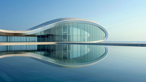 An AI generated illustration of a modern architectural building with a curved glass facade reflecting on a calm water surface under a clear blue sky