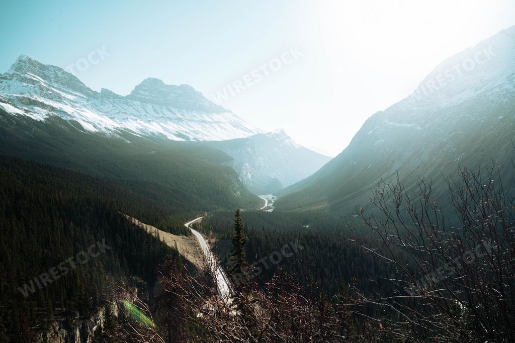 A beautiful view of a winter landscape with snow-capped mountains and trees in Canada