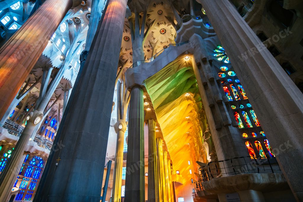 BARCELONA, SPAIN - SEPTEMBER 1ST, 2019: Sagrada Familia in Barcelona. The most famous buildings created by Antoni Gaudi on the inside.