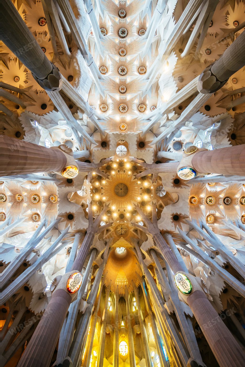 BARCELONA, SPAIN - SEPTEMBER 1ST, 2019: Sagrada Familia in Barcelona. The most famous buildings created by Antoni Gaudi on the inside.