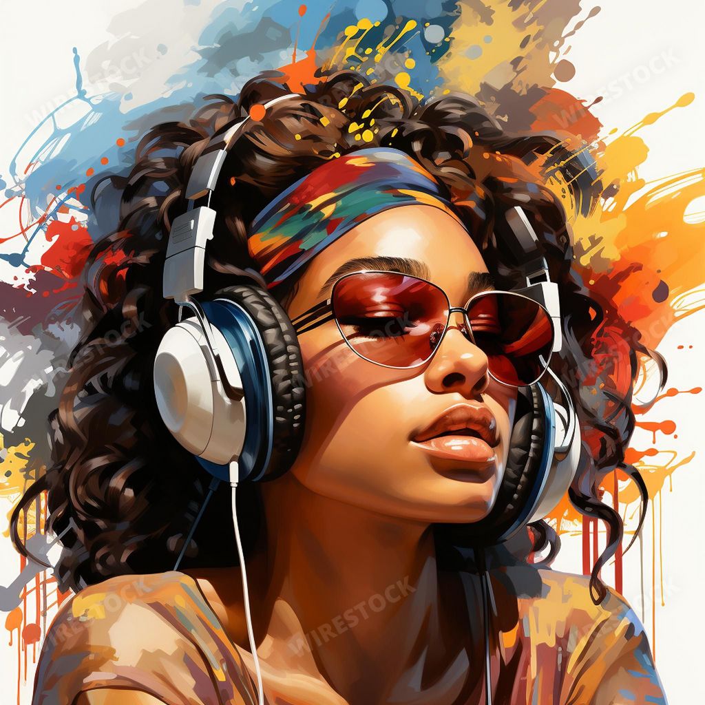 An AI generated illustration of a woman with brown hair wearing headphones listening to music