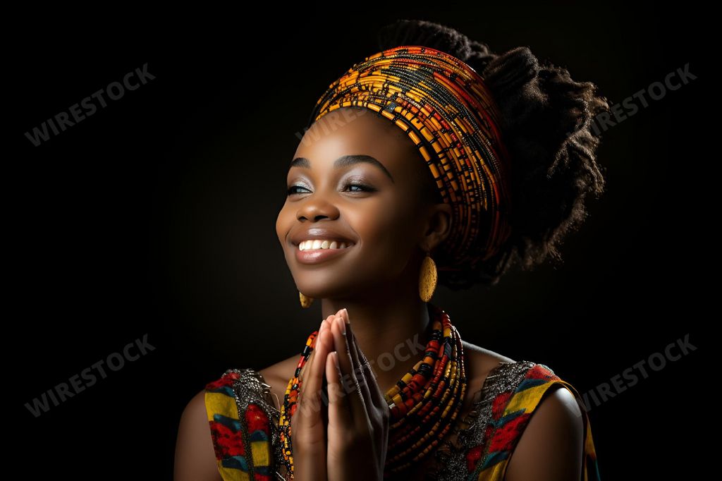An AI illustration of a stunning African woman wearing traditional clothing.