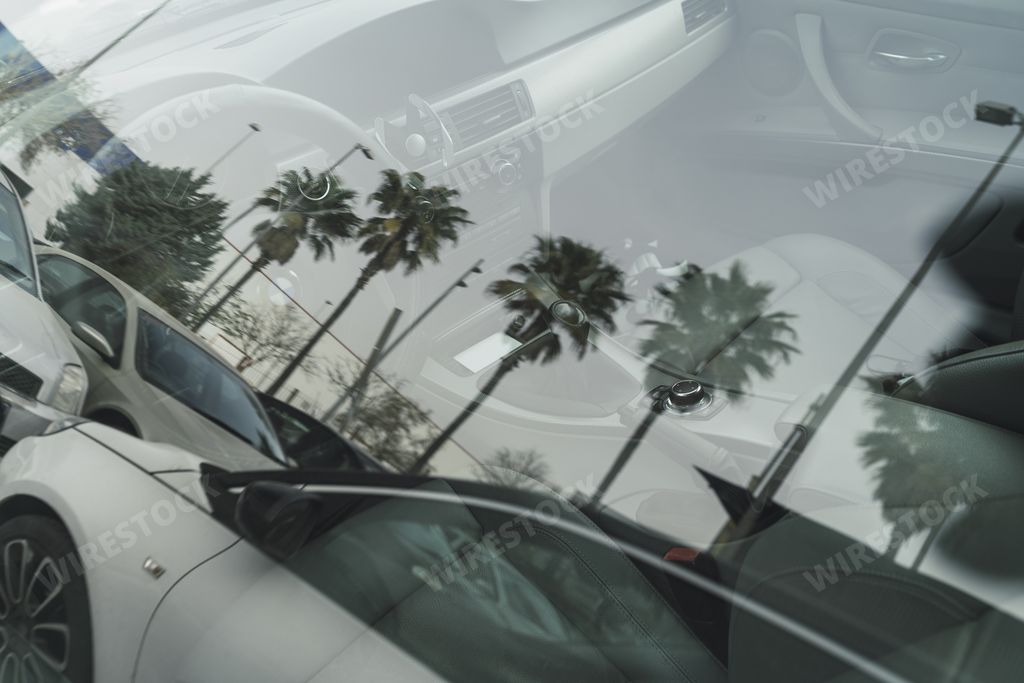 The reflection of trees and cars on a car window