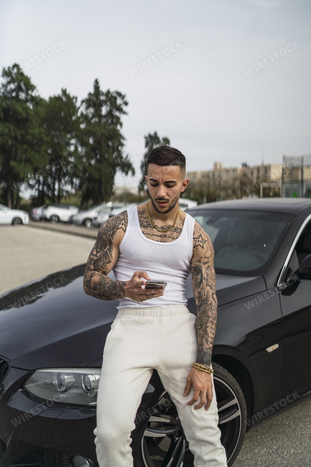 A vertical shot of a sexy tattooed male using his phone leaning on his car