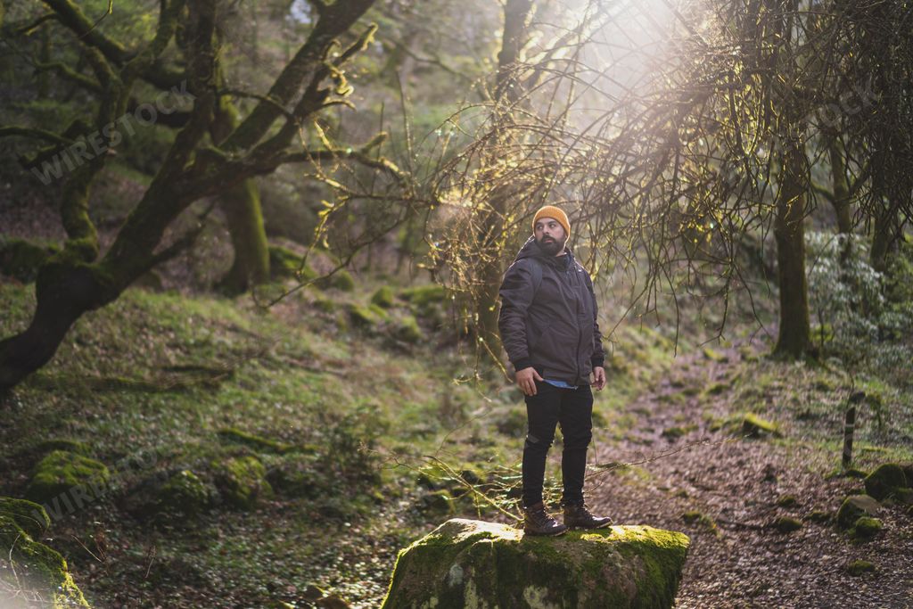 A young male on a big rock in a lush forest during the hike with the background of the sun behind trees