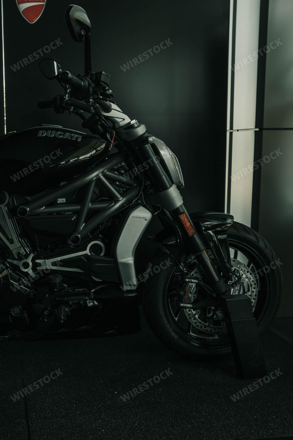 A vertical shot of Ducati motorcycle, iconic Italian brand