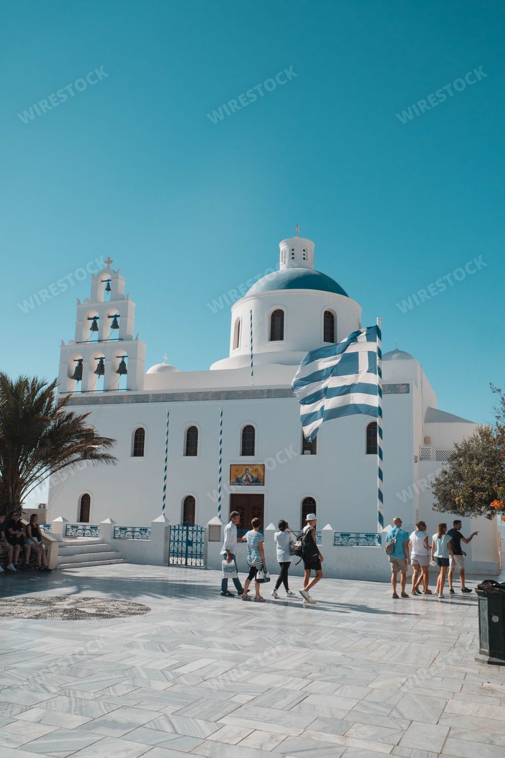A vertical shot Church of Panagia Akathistos Hymn in Oia, Santorini, Greece