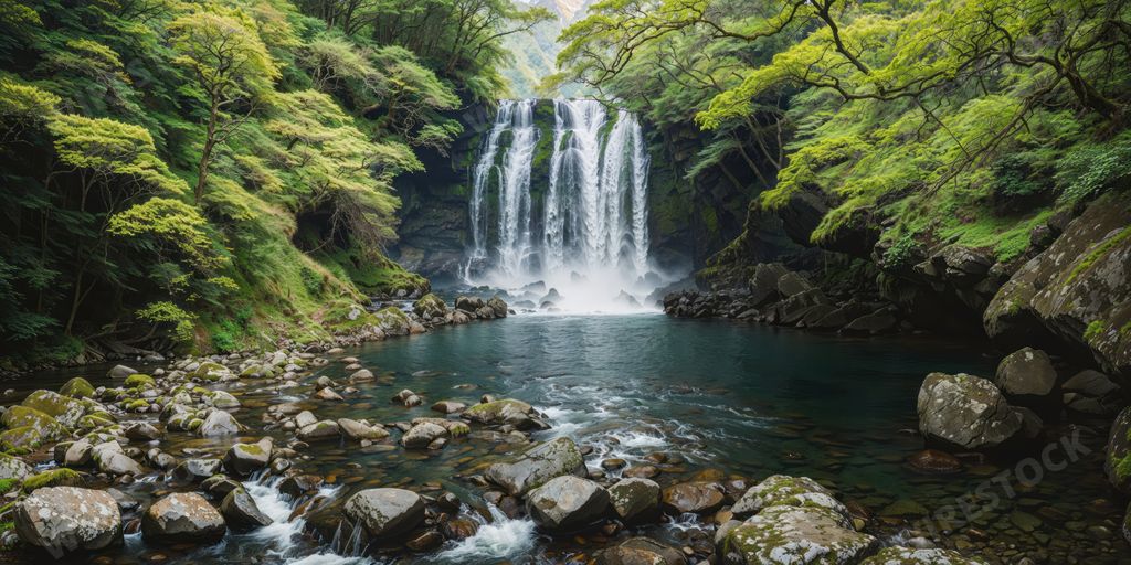 An AI generated illustration of a waterfall cascading down the rocks in a green landscape