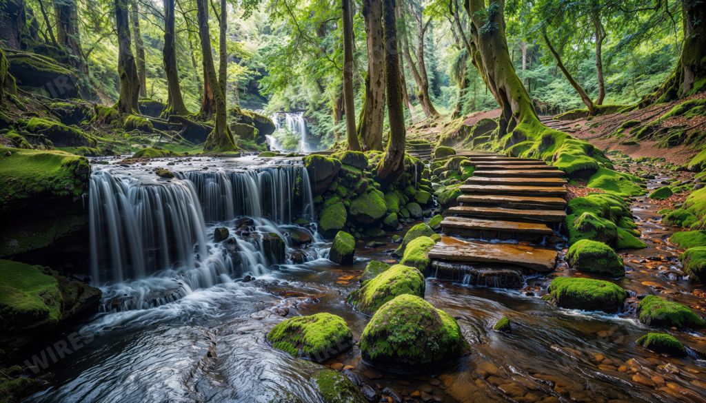 An AI illustration of a small trail leading to a private secluded waterfall cascading into a pool of water.