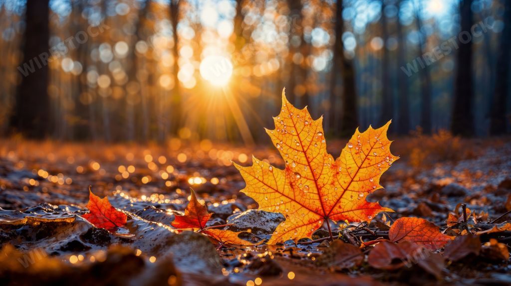 An AI generated illustration of a picturesque scene reflects autumn colors and fallen maple leaves
