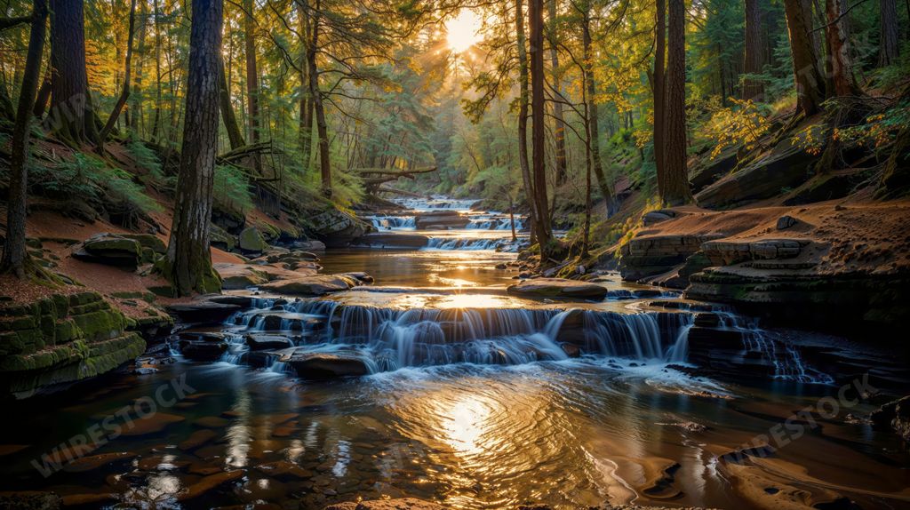 An AI generated illustration of a waterfall cascading down a green forest at golden sunset