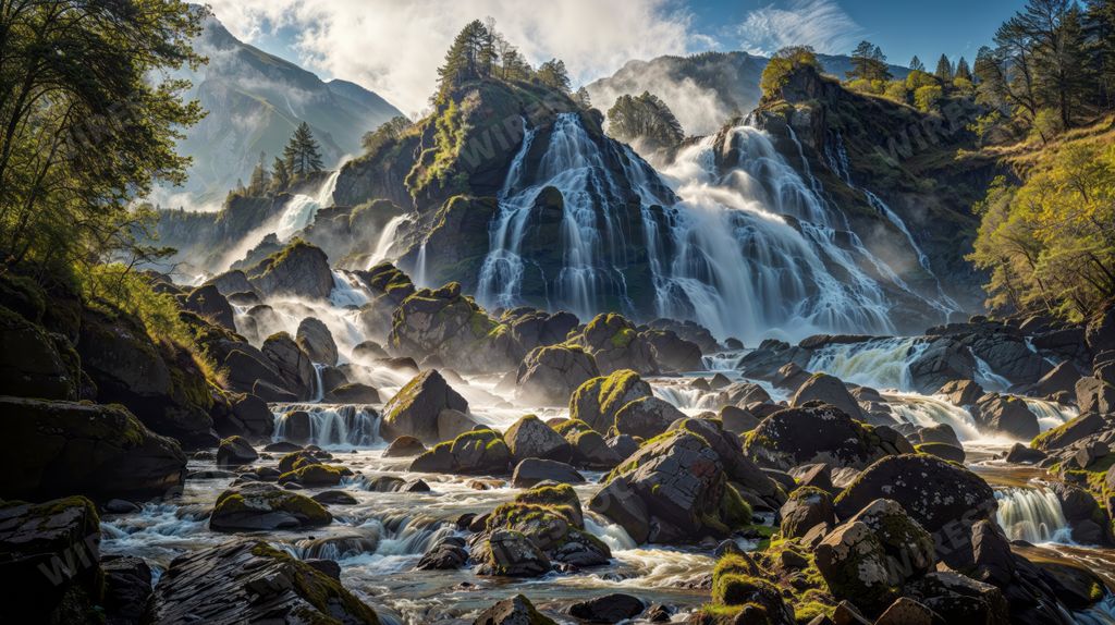 An AI generated illustration of a waterfall cascades on a cloudy day, framed by a bright blue sky