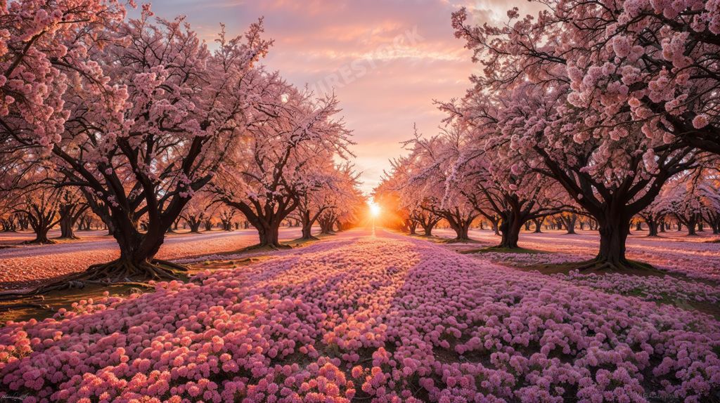 An AI generated illustration of an orchard in full bloom comes to life with a gentle breeze carrying petals through the air