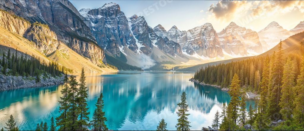 An AI-generated illustration of a scenic mountain range mirrored in the serene waters of Moraine Lake