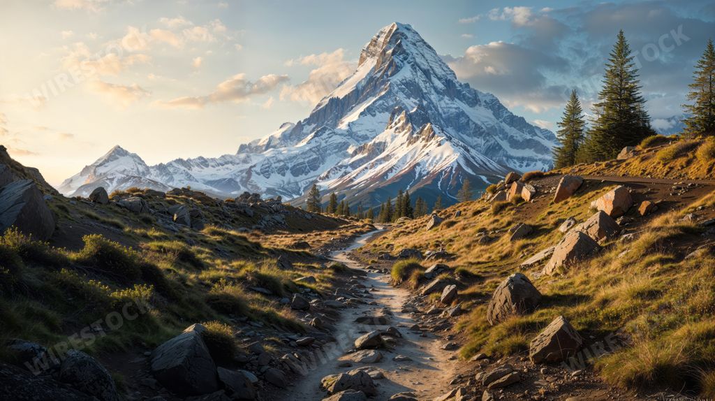 An AI generated illustration of A panoramic view of a lush mountain landscape featuring lush, grassy terrain and rocky outcroppings