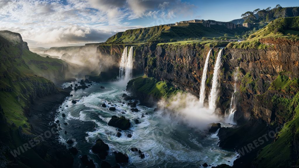 An AI generated illustration of Surrounding the falls are cliffs adorned with lush greenery with sunlight filtering through the mist
