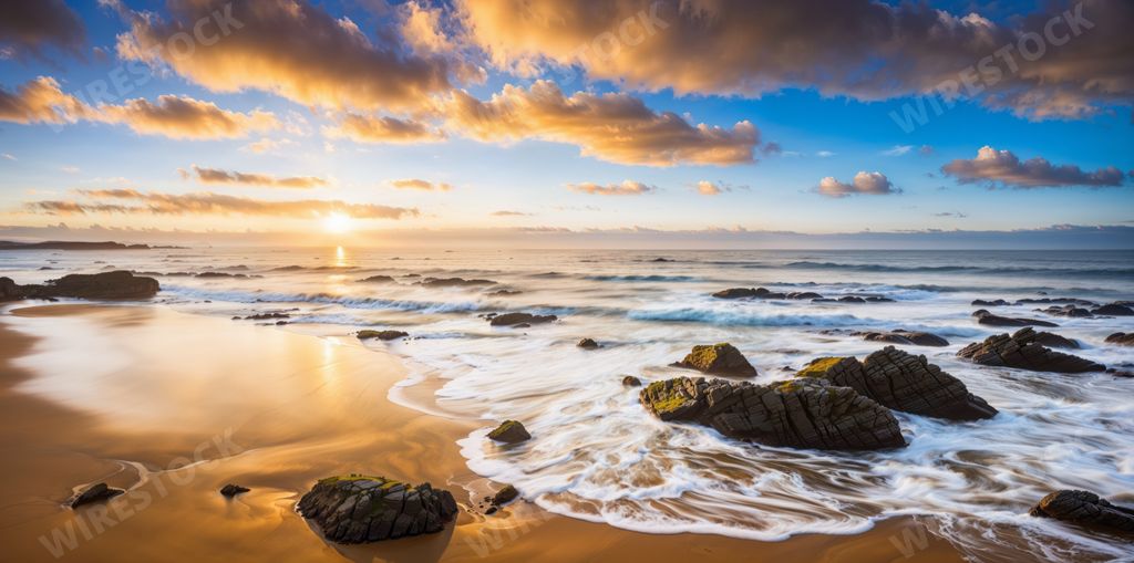 An AI generated illustration of a sandy beach against the sea waves at sunset