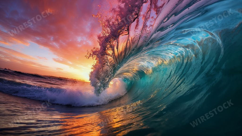 An AI generated illustration of rainbow-colored ocean waves