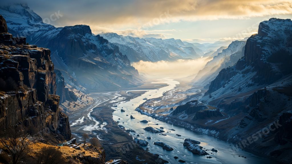 An AI generated illustration of he river reflects the light from the sky, creating a wild, untamed essence of a remote natural landscape at dawn.