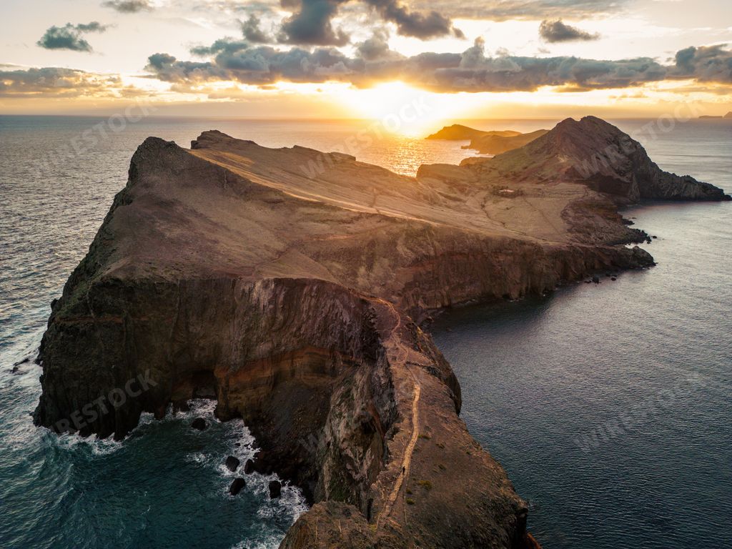An aerial view of the Ponta de Sao Lourenco at sunset in Madeira island, Portugal