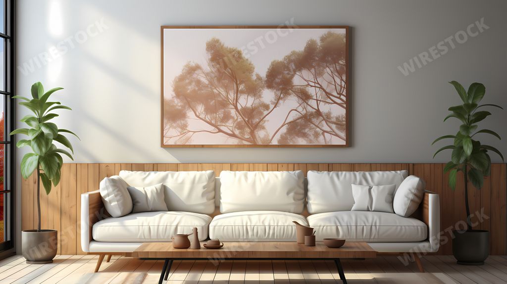 An AI-generated illustration of a modern living room features a neutral color palette with white furniture