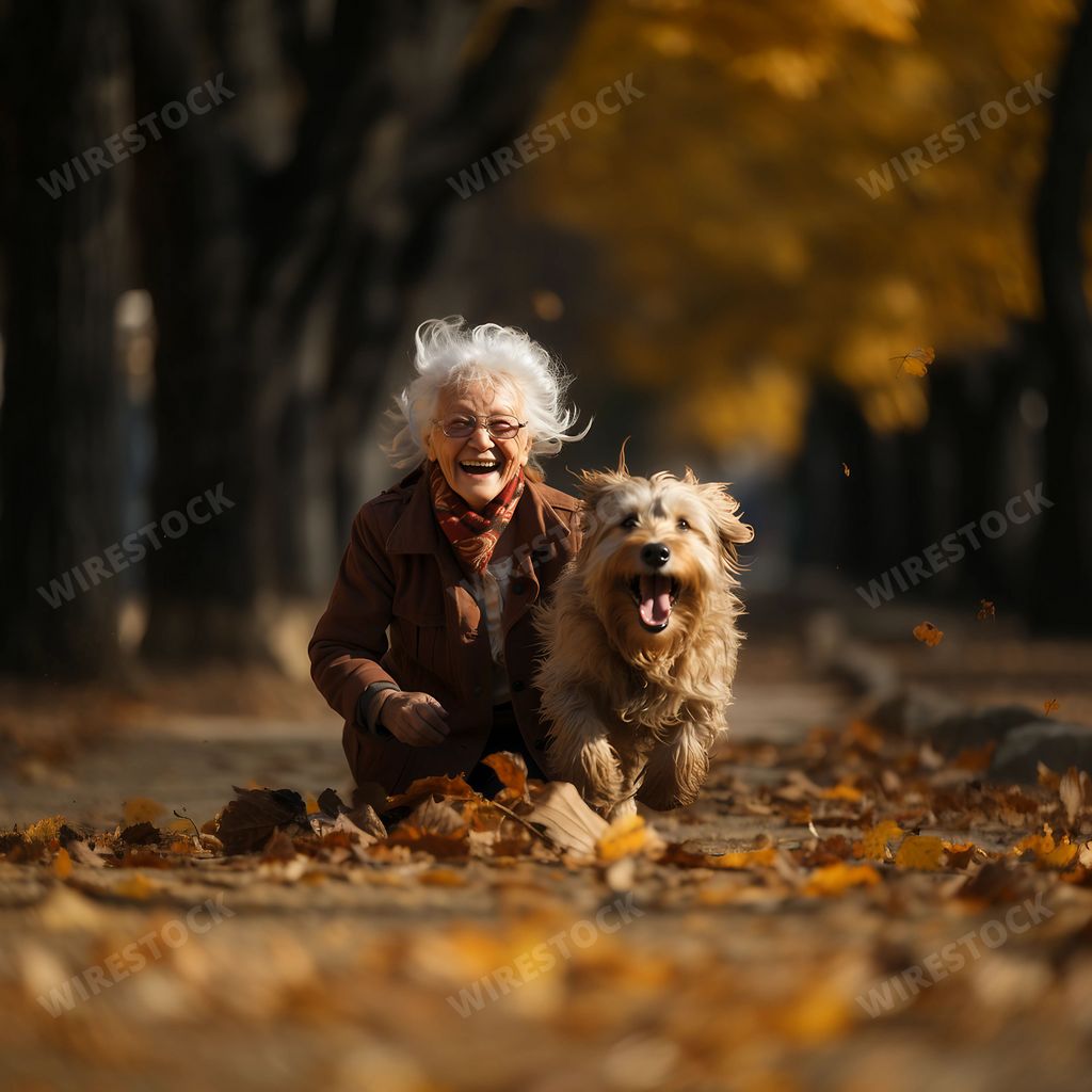 An AI generated illustration of a senior woman with gray hair kneeling on a street covered in leaves, with her dog