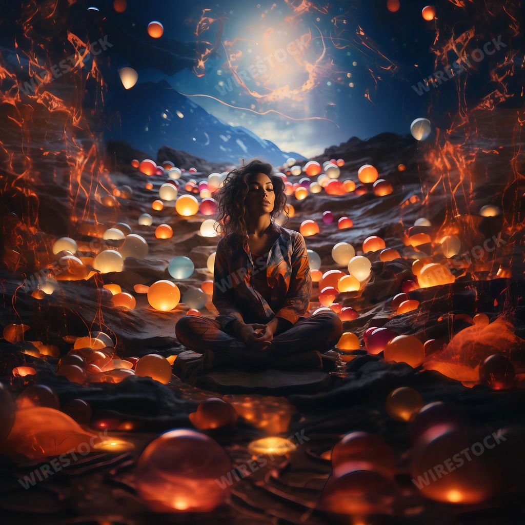 An AI generated illustration of a female figure sitting in an open space with numerous orbs