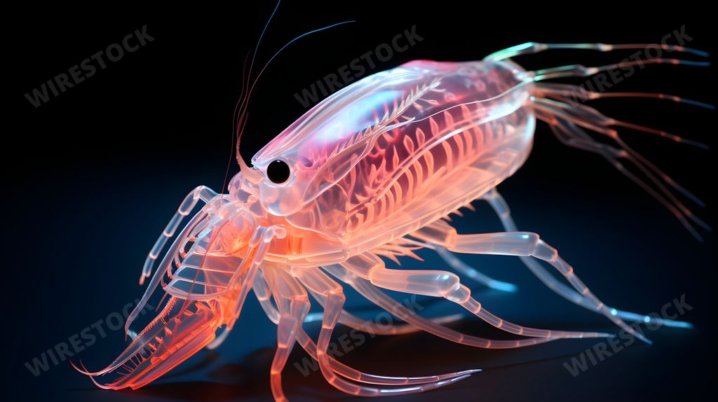 An AI illustration of a transparent shrimp perched on its hind legs, gazing downward.