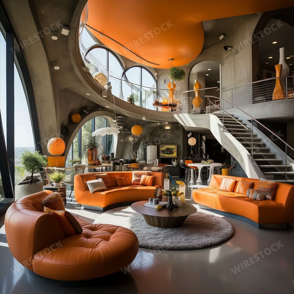 An AI generated illustration of A modern living room interior featuring a bright orange sofa and coordinating furniture