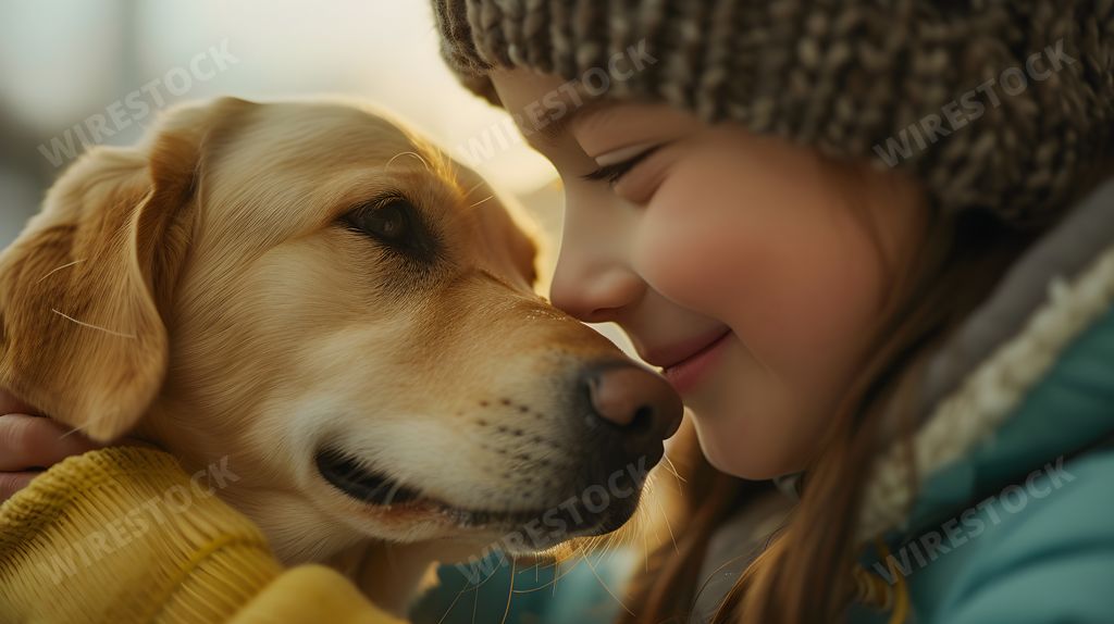 An AI generated illustration of a young girl affectionately kissing her pet dog on the cheek