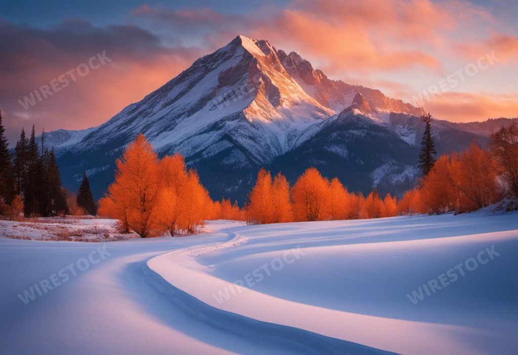 An awe-inspiring sunset over a stunning mountain range blanketed in snow, AI-generated.