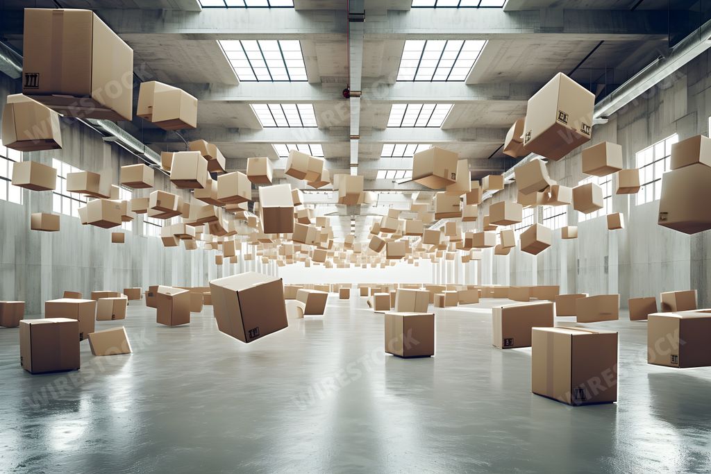 An AI generated illustration of boxes suspended in the air, enclosed by cardboard amidst an industrial warehouse