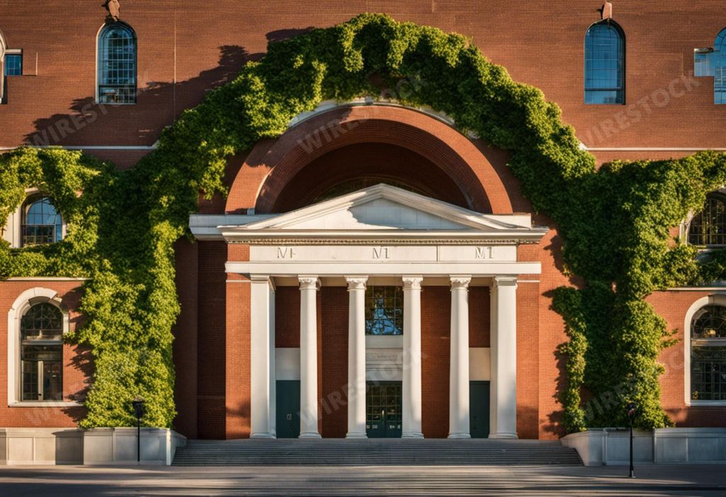 An AI generated illustration of a facade of a brick building with green climbing plants