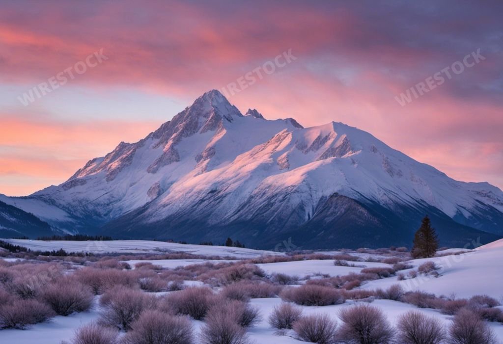 An awe-inspiring sunset over a stunning mountain range blanketed in snow, AI-generated.