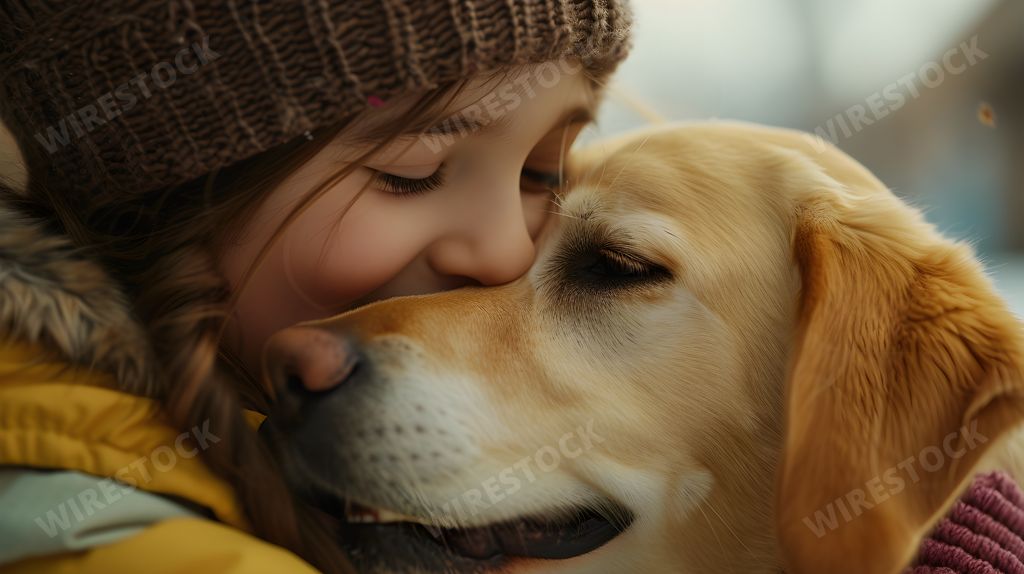 An AI generated illustration of a child sweetly kisses the nose of a friendly animal, their faces adorably pressed together