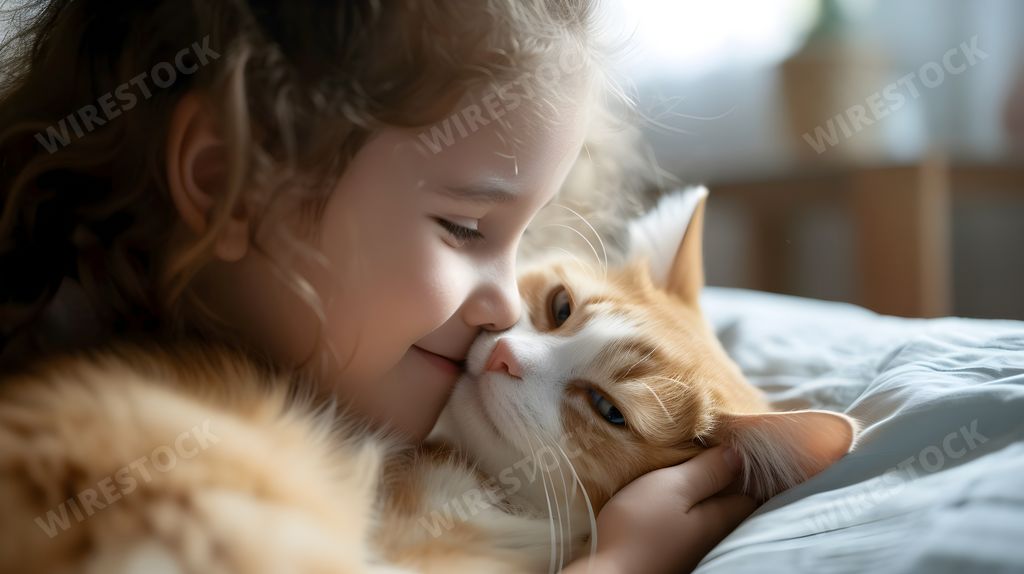 An AI generated illustration of a young girl snuggles with a ginger cat on her cozy bed
